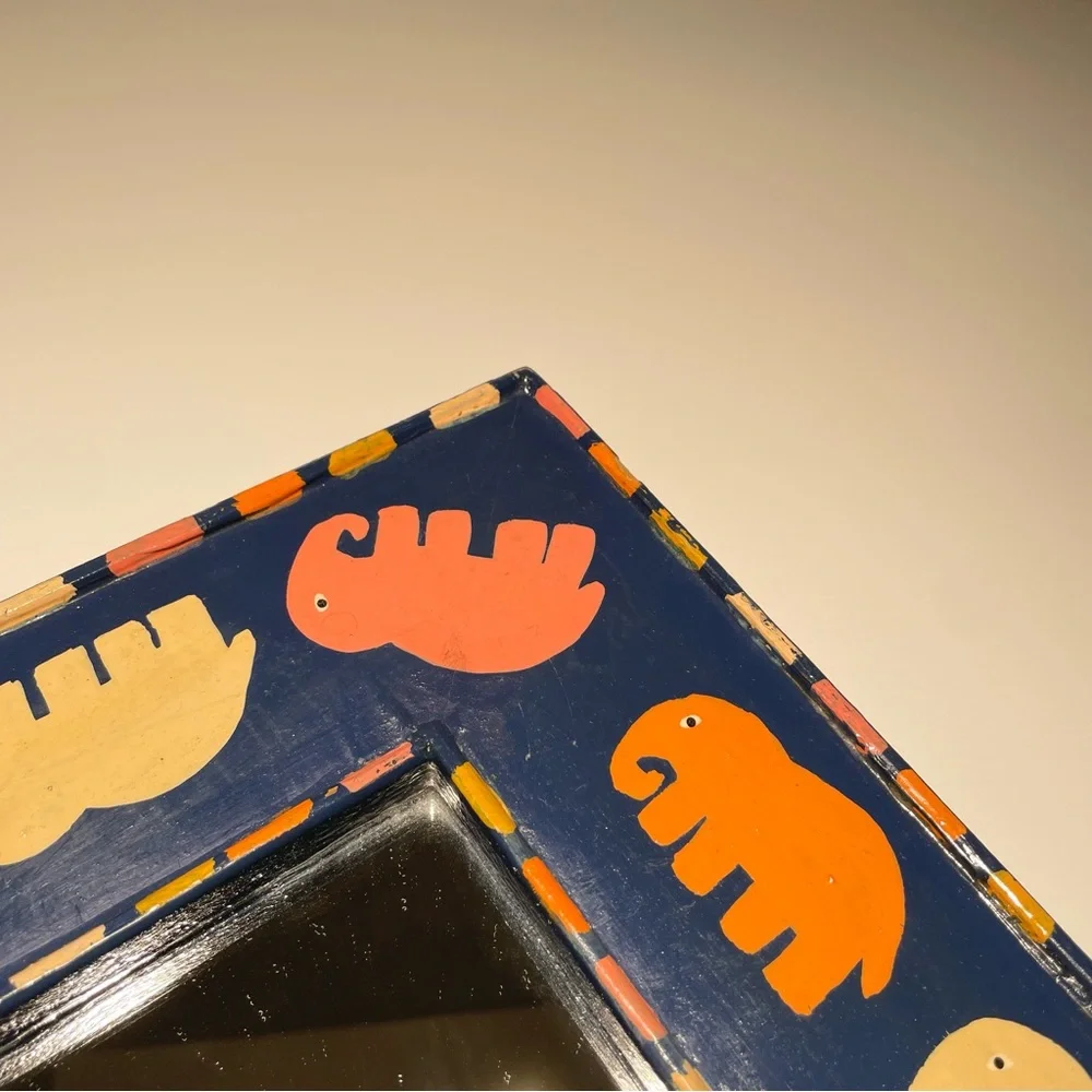 VTG Hand Painted Framed Rectangular Wall Mirror Elephant Motif Blue Orange